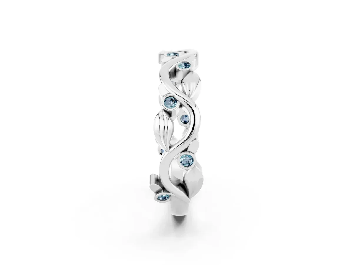 Round Aquamarine Leaf Eternity Band with Bezel Setting White gold