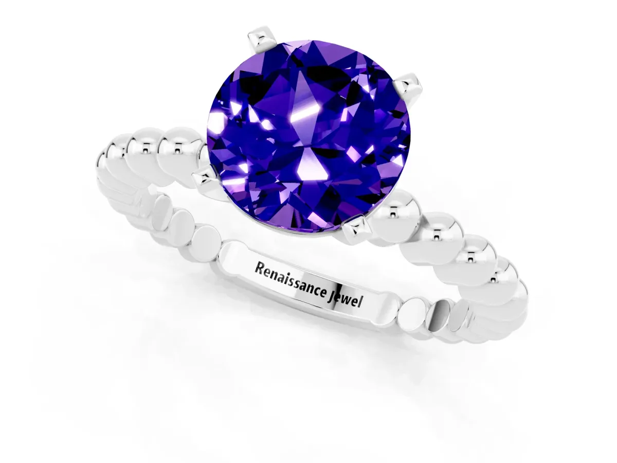 Round Cut Tanzanite Solitaire Ring with Beaded Band and Prong Setting Silver