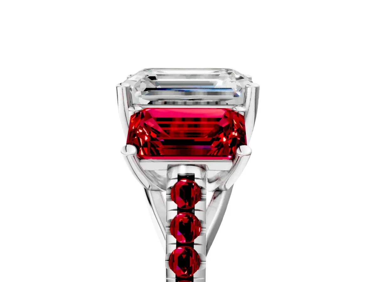 Three-Stone Emerald Cut Diamond Ring with Round Ruby Pavé Band and Prong Setting Platinum