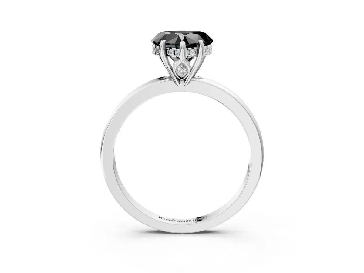 Fancy Black Heart Cut Solitaire Diamond Ring with Prong Setting and Plain Band Silver