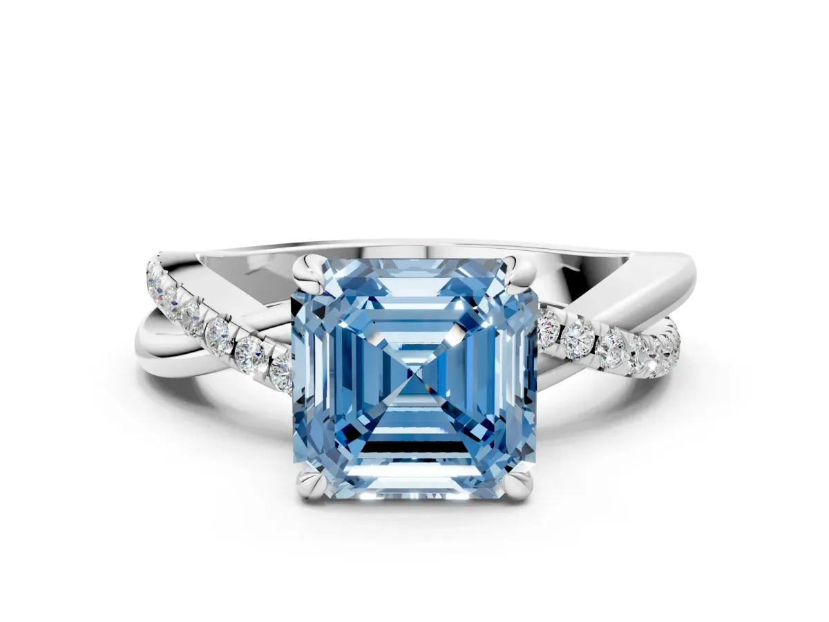 Fancy Blue Asscher Cut Cut Twist Band Solitaire Diamond Ring with Pavé Setting Platinum