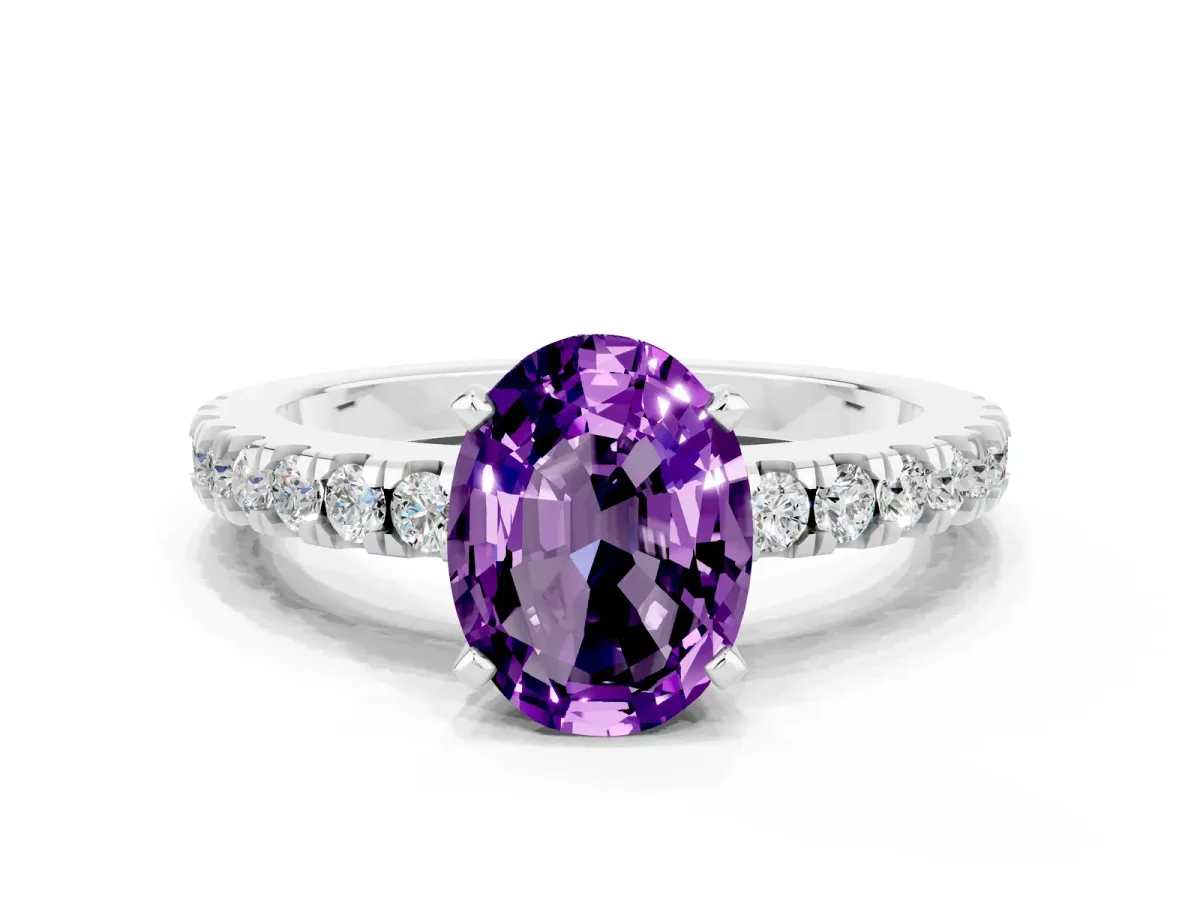 Oval Cut Solitaire Amethyst with Pavé Band and Four-Prong Setting Platinum