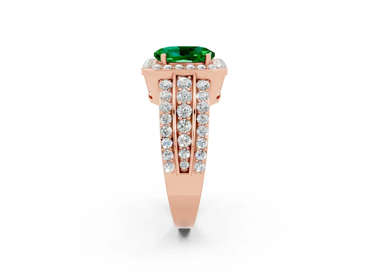 Oval Cut Halo Emerald Ring with Round Split Shank and Prong Setting Rose gold