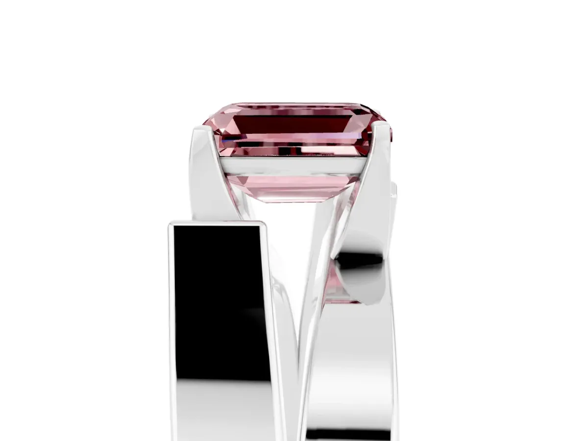 Modern Tension Set Emerald Cut Morganite Solitaire Wide Band Ring Platinum