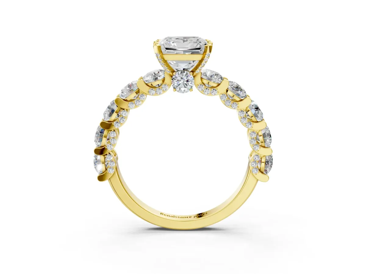 Princess Cut Diamond Side Stone Engagement Ring with Four-Prong Setting Yellow gold
