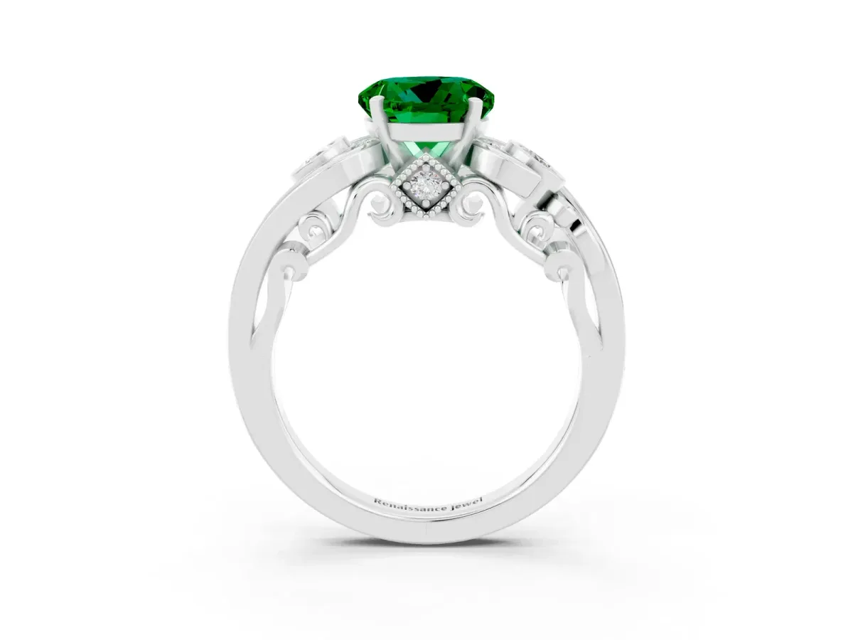 Round Cut Emerald Solitaire Ring with Milgrain Pavé Band and Four-Prong Setting Silver