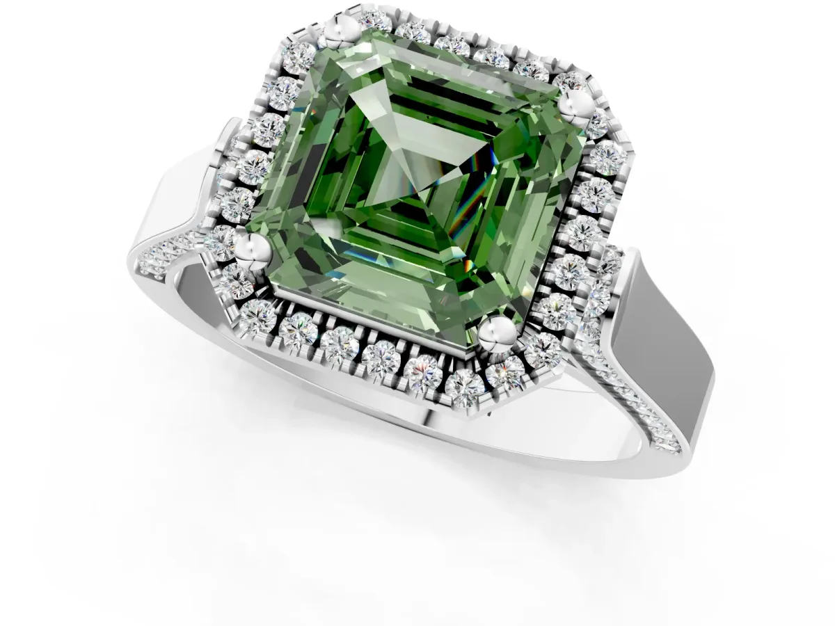 Fancy Green Asscher Cut Halo Pave Split Shank Prong Setting Ring Platinum