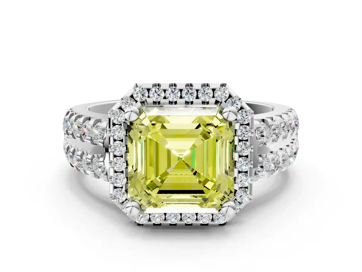 Fancy Yellow Asscher Cut Halo Diamond Split Shank Engagement Ring with Prong Setting Platinum