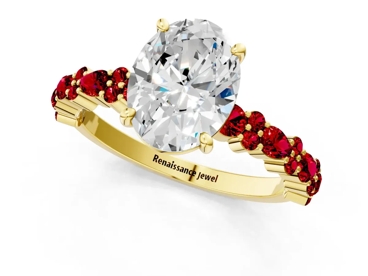 Oval Cut Diamond Side Stone Solitaire Ring with Round Ruby and Four-Prong Setting Yellow gold
