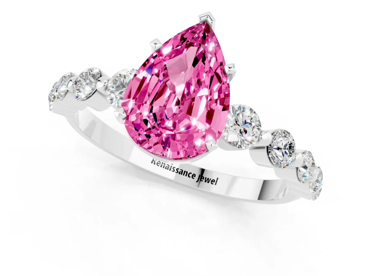 Pear Cut Solitaire Pink Sapphire Ring with Pave Band and Four-Prong Setting Silver