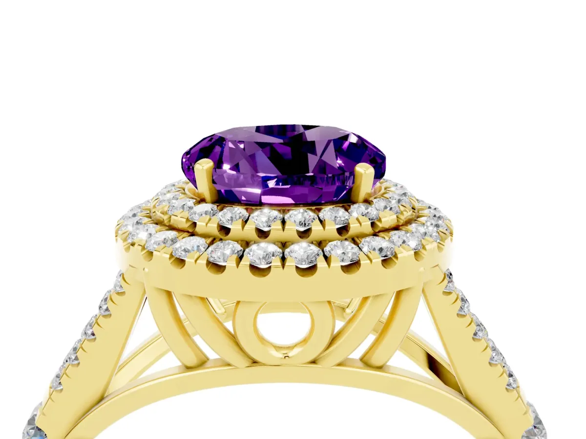 Round Cut Amethyst Double Halo Ring with Split Shank and Prong Setting Yellow gold
