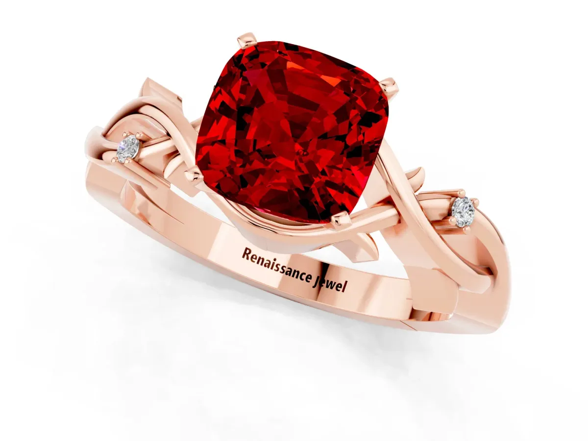 Cushion Cut Ruby Solitaire Ring with Twisted Band and Prong Setting Rose gold