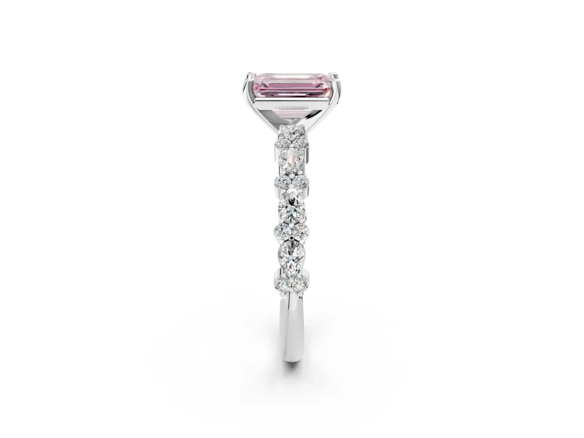 Fancy Pink Emerald Cut Diamond Side Stone Solitaire Ring with Round and Four-Prong Setting Platinum