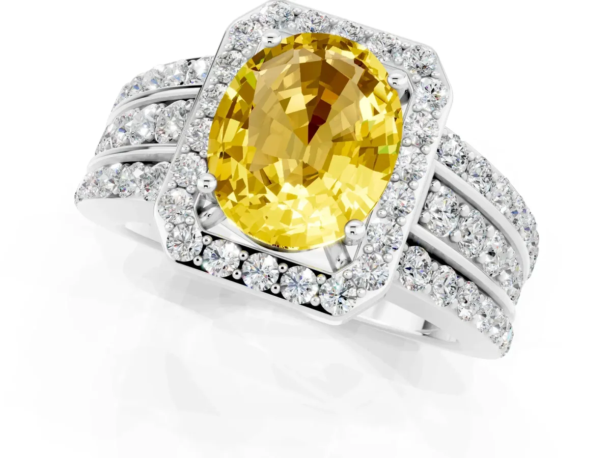 Oval Cut Halo Yellow Sapphire Ring with Round Split Shank and Prong Setting Silver