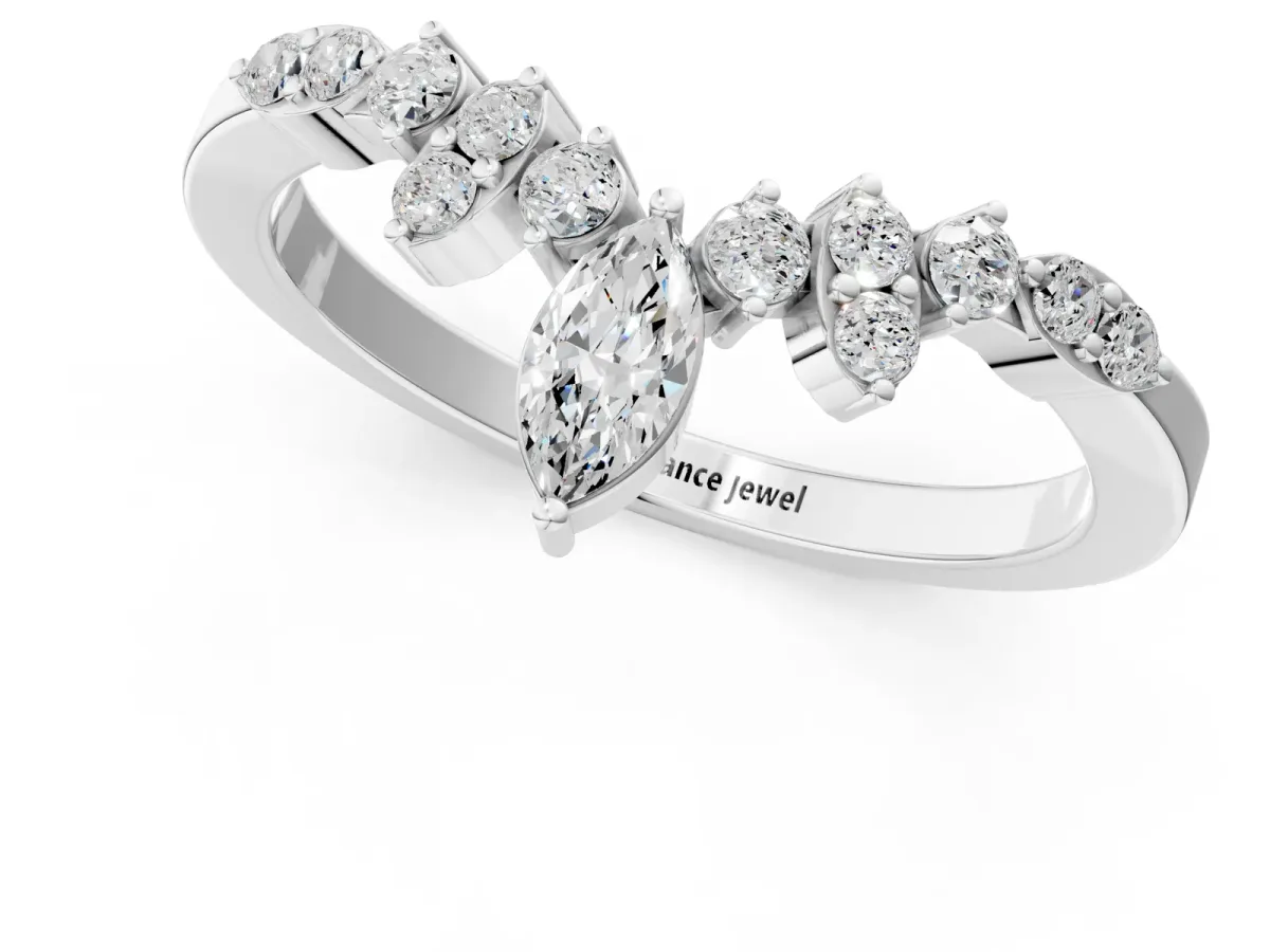 Marquise and Round Diamond Chevron Band with Prong Setting Platinum