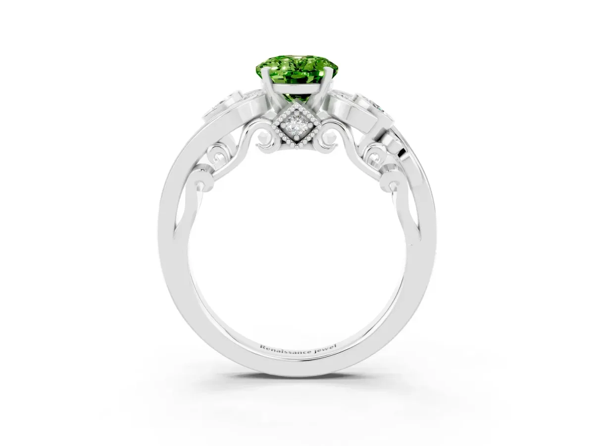 Oval Cut Peridot Solitaire Ring with Milgrain Pavé Band and Four-Prong Setting Silver