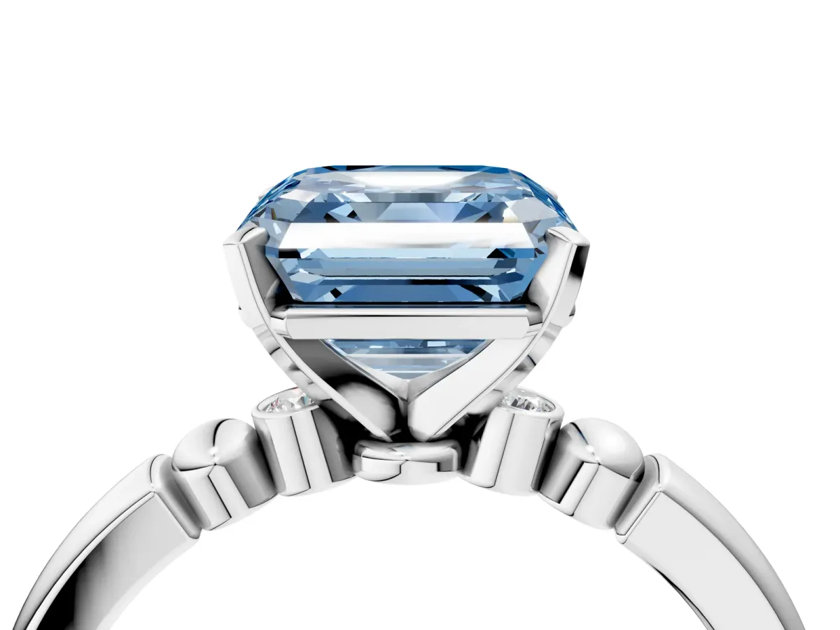 Fancy Blue Asscher Cut Solitaire Beaded Band with Four-Prong Setting Platinum
