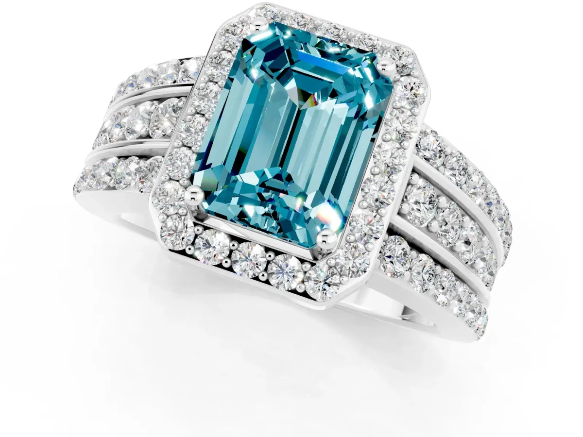 Emerald Cut Halo Blue Topaz Ring with Round Split Shank and Prong Setting White gold