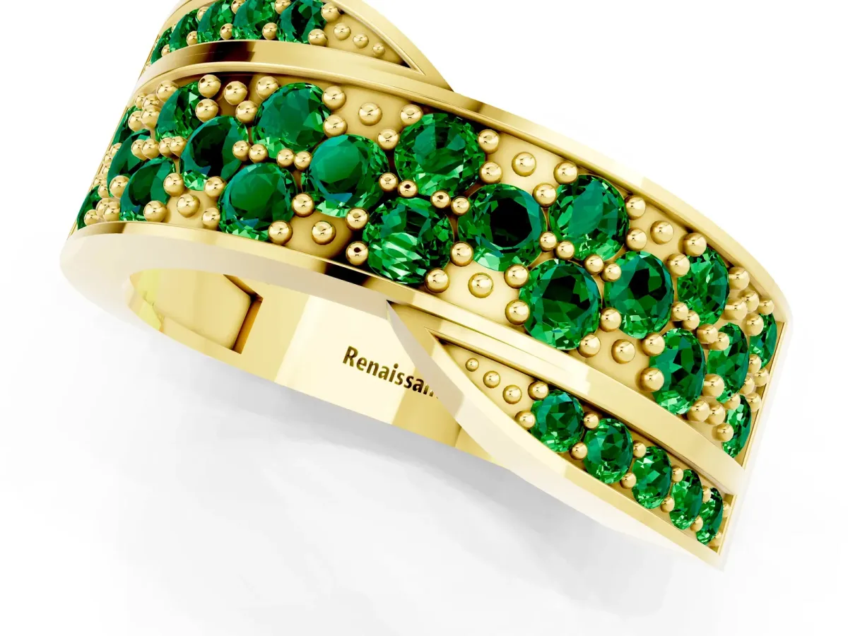 Pavé Round Emerald Crossover Band with Bead Prong Setting Yellow gold