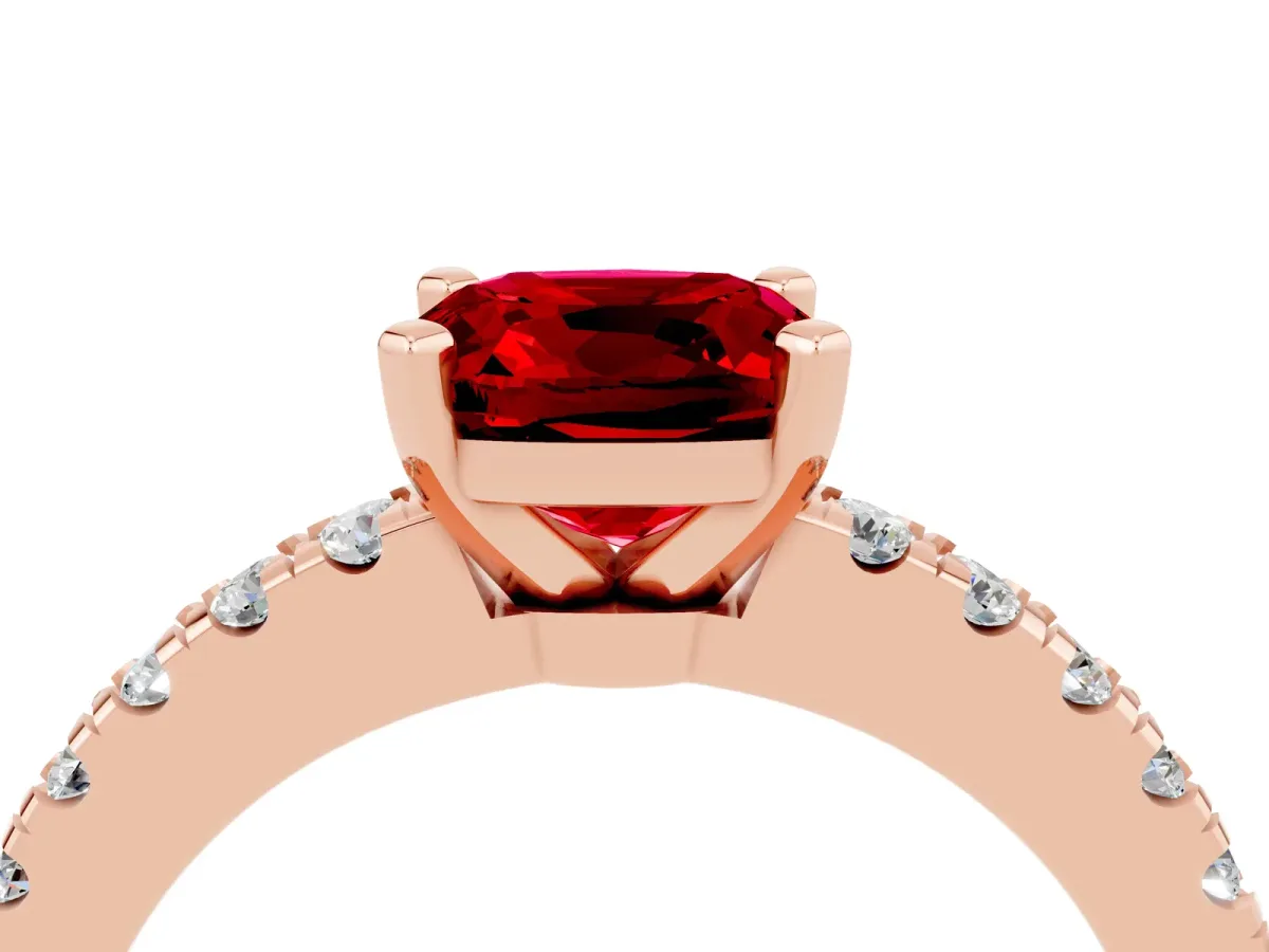 Cushion Cut Solitaire Ruby with Pavé Band and Four-Prong Setting Rose gold