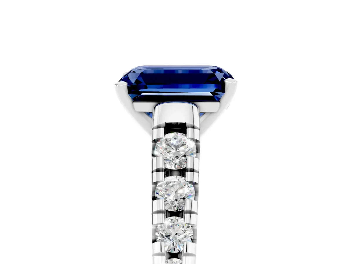 Emerald Cut Blue Sapphire Cathedral Solitaire Ring with Round Pavé Band Silver