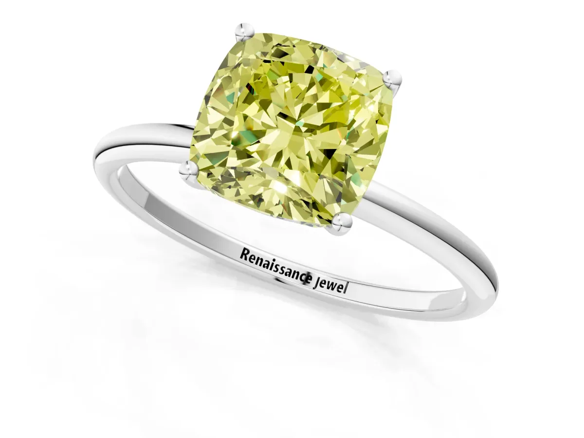Fancy Yellow Cushion Cut Cut Solitaire Engagement Ring with Thin Band and Four-Prong Setting Silver