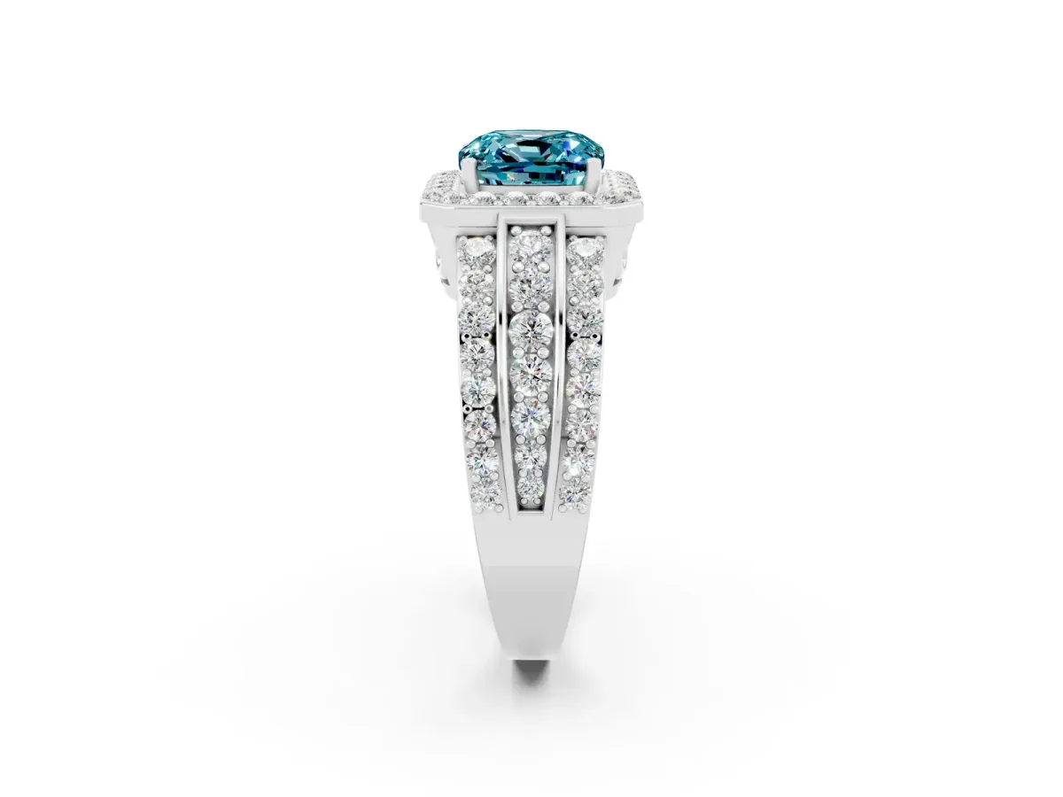Cushion Cut Halo Blue Topaz Ring with Round Split Shank and Prong Setting Platinum