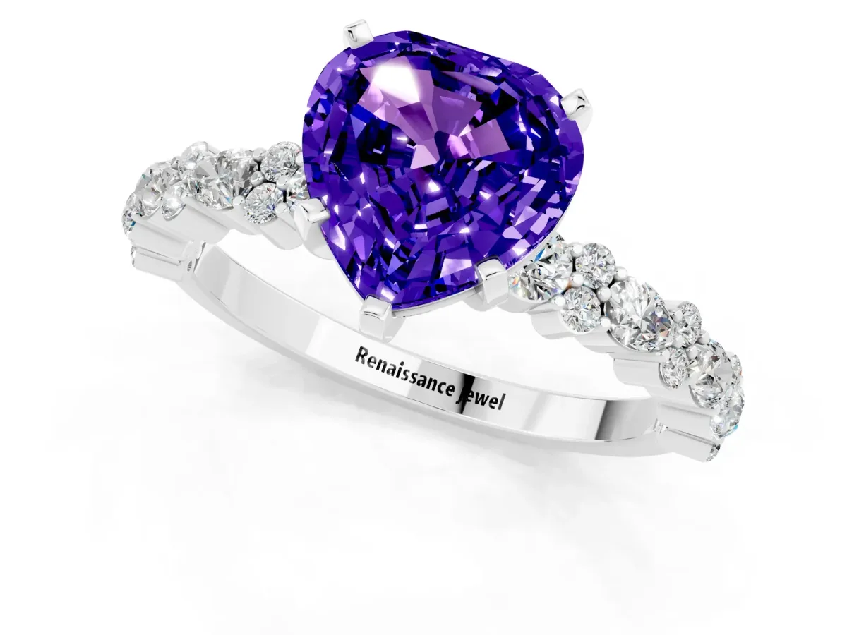 Heart Cut Tanzanite Side Stone Solitaire Ring with Round and Four-Prong Setting Platinum