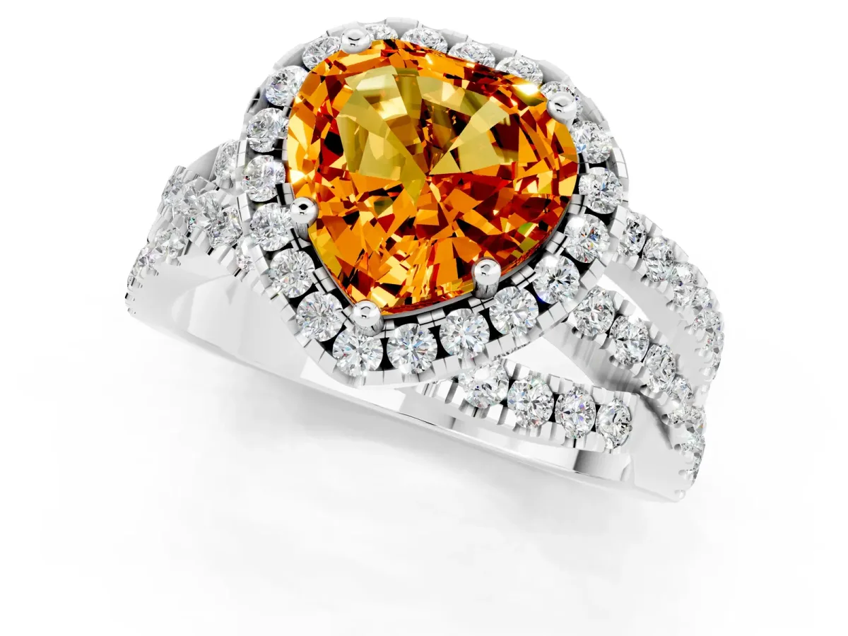 Heart Cut Citrine Halo Ring with Round Split Shank and Prong Setting Platinum