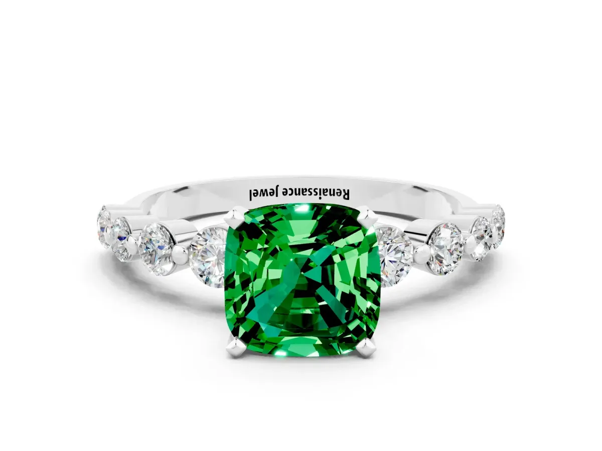 Cushion Cut Solitaire Emerald Ring with Pave Band and Four-Prong Setting Platinum