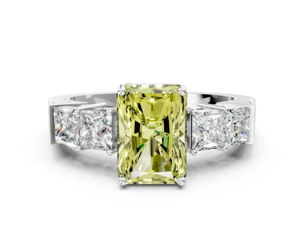 Fancy Yellow Radiant Cut Solitaire Princess Side Stone Engraved Band Prong Setting Ring Platinum