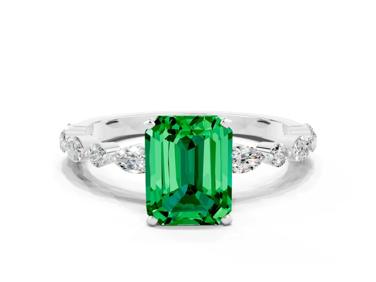 Emerald Cut Emerald Ring with Marquise and Round Side Stones and Four-Prong Setting Platinum