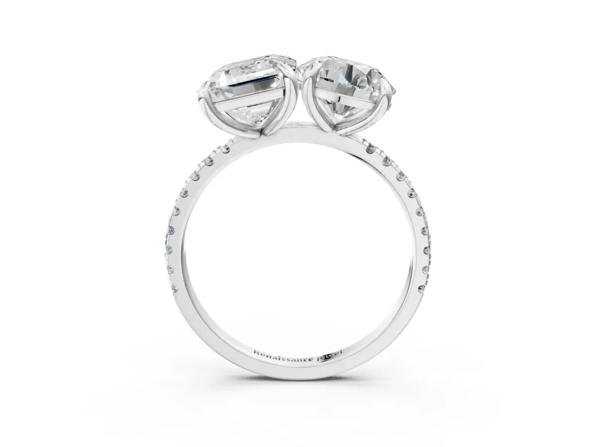 Round and Emerald Toi Moi Ring with Prong Setting and Pave Band Silver