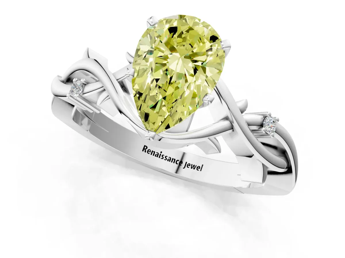 Fancy Yellow Pear Cut Diamond Solitaire Ring with Twisted Band and Prong Setting Platinum