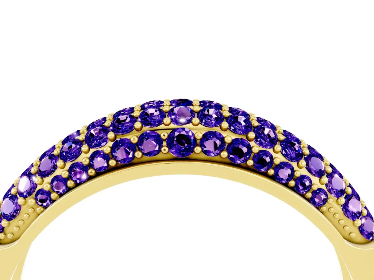 Three-Row Pavé Round Tanzanite Dome Band Yellow gold
