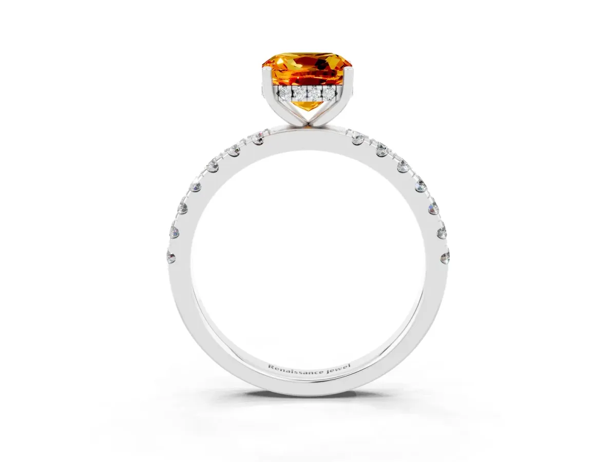 Cushion Cut Citrine Pave Band Solitaire Ring with Round and Prong Setting Silver