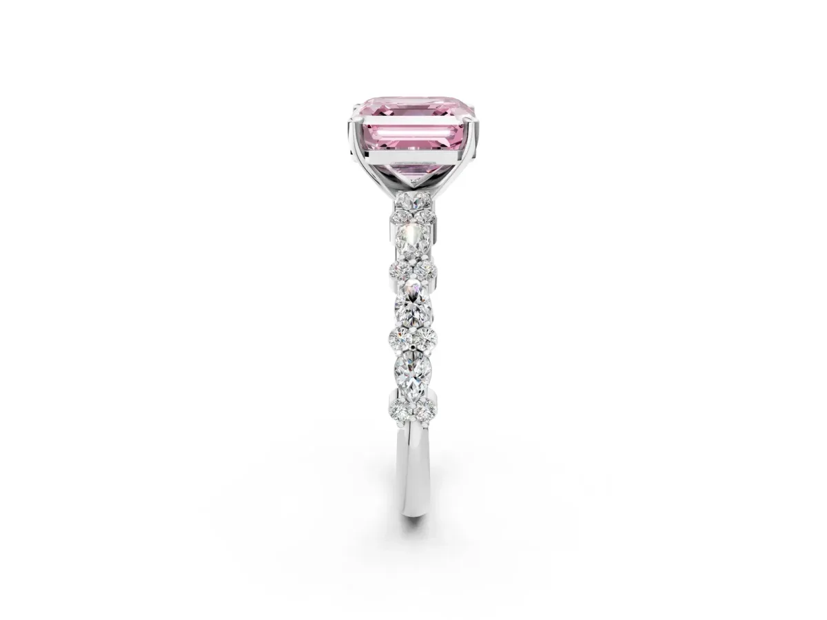 Fancy Pink Asscher Cut Diamond Side Stone Solitaire Ring with Round and Four-Prong Setting Silver