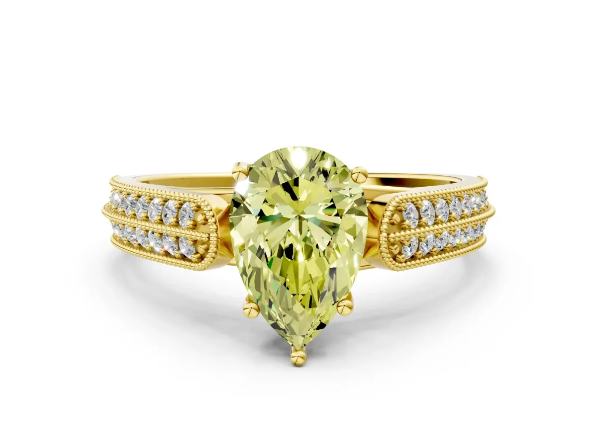 Fancy Yellow Pear Cut Cut Pave Split Shank Engagement Ring with Four-Prong Setting Yellow gold