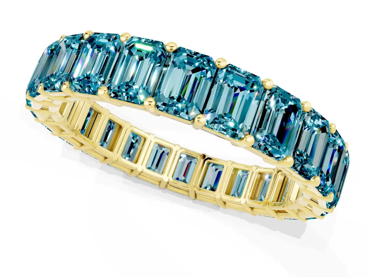 Emerald Cut Blue Topaz Eternity Band with Shared Prong Setting Yellow gold