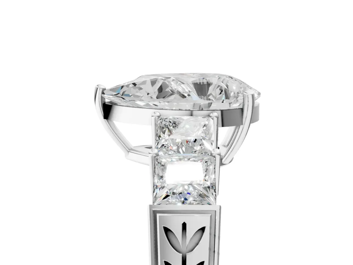Pear Cut Solitaire Princess Side Stone Engraved Band Prong Setting Ring Silver