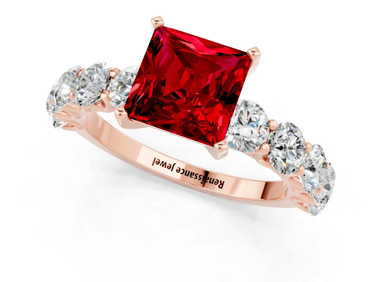 Princess Cut Ruby Prong Setting with Side Stones on a Pave Band Rose gold