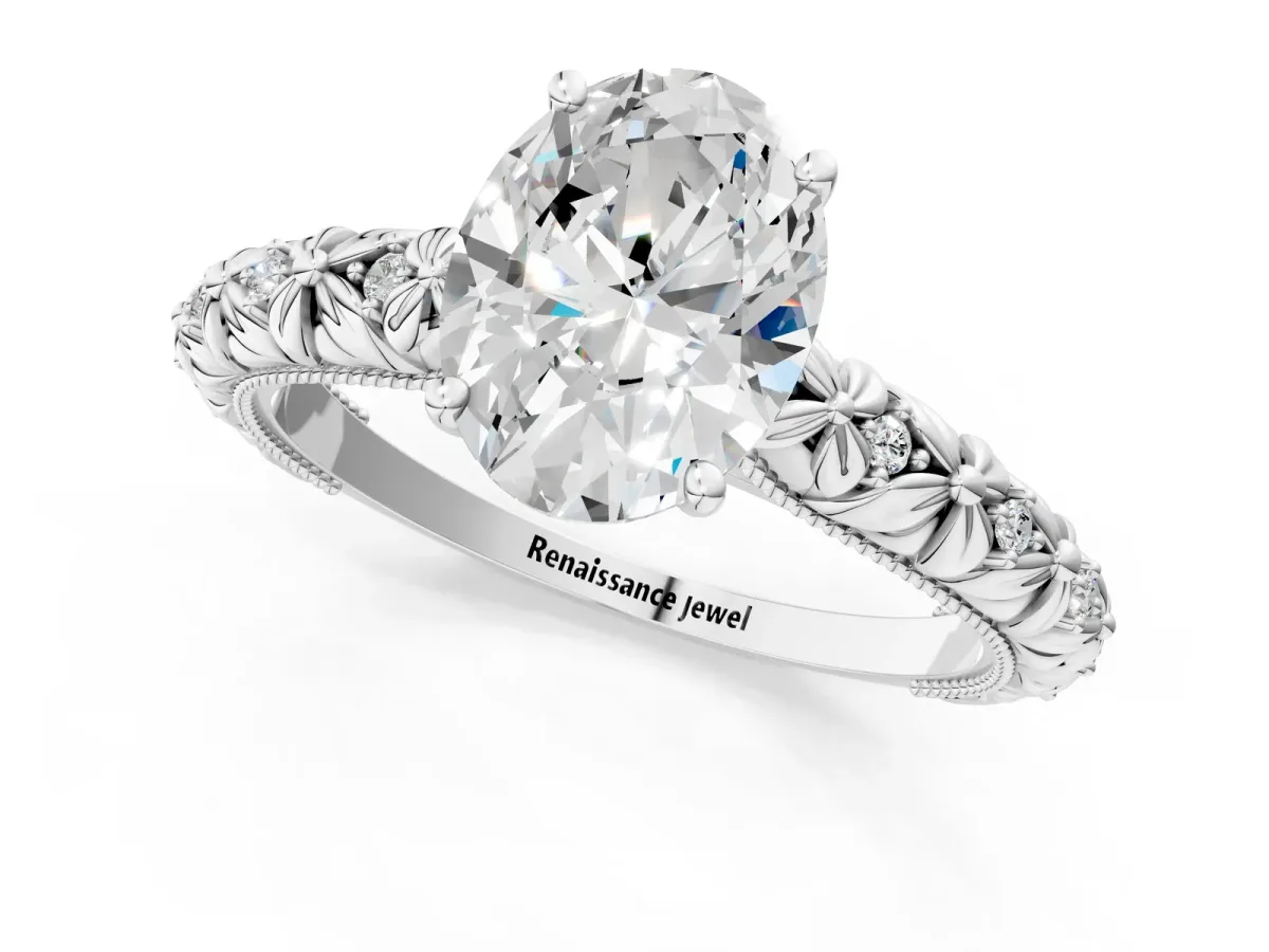 Oval Cut Solitaire Floral Milgrain Engagement Ring Silver