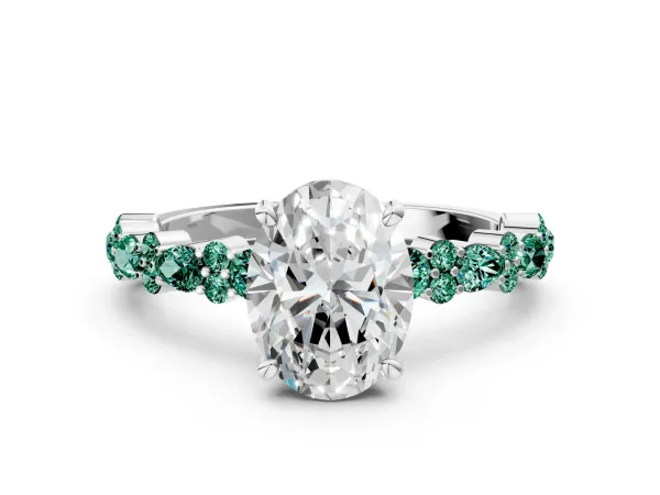 Oval Cut Diamond Side Stone Solitaire Ring with Round Green Sapphire and Four-Prong Setting White gold