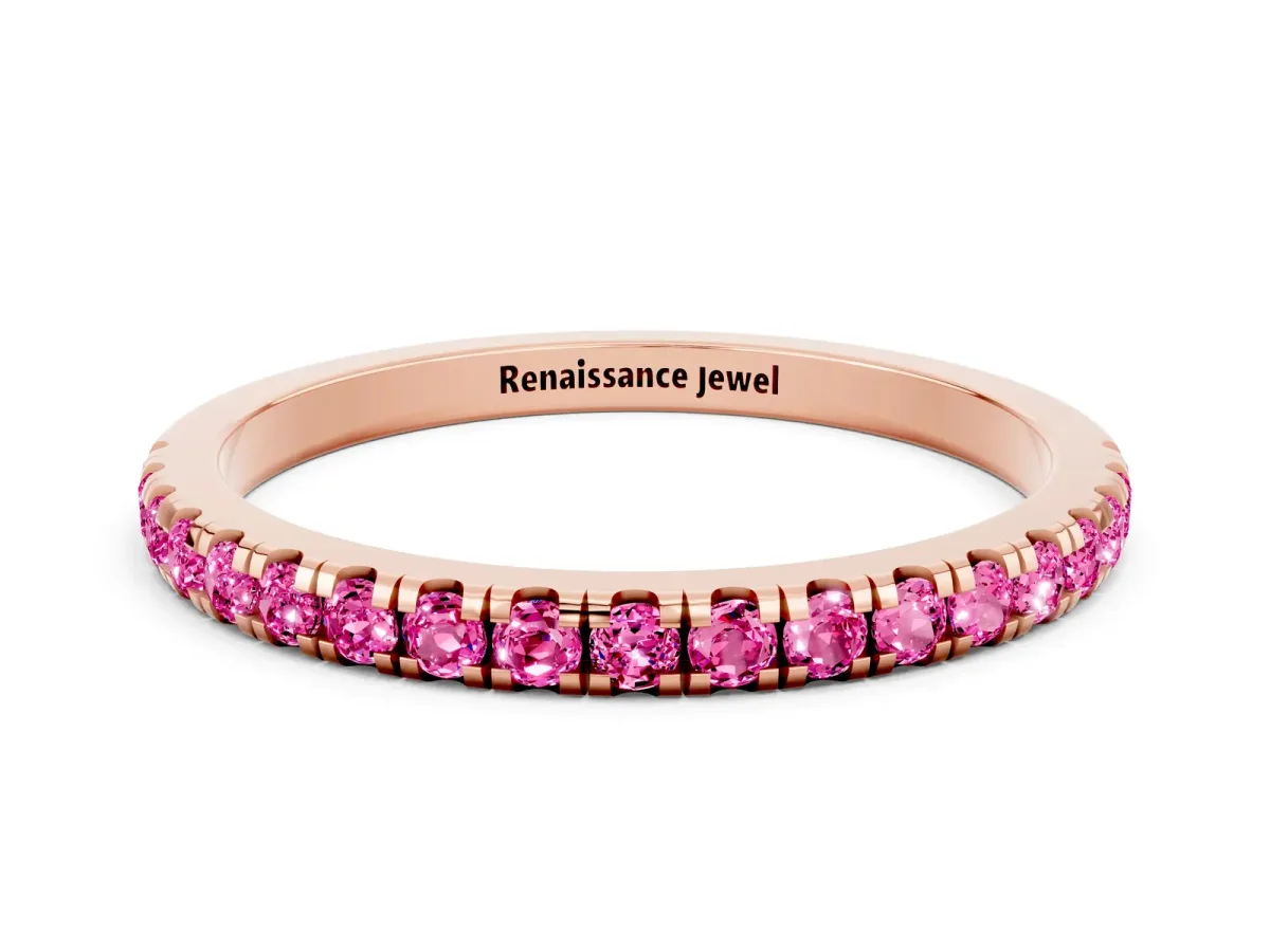 Pavé Round Pink Sapphire Half Eternity Band with Shared Prong Setting Rose gold