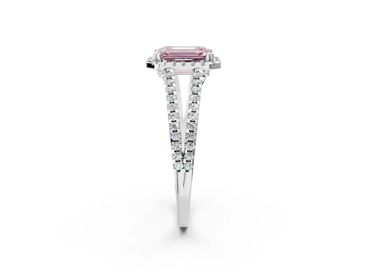 Fancy Pink Emerald Cut Diamond Halo Split Shank Engagement Ring Platinum