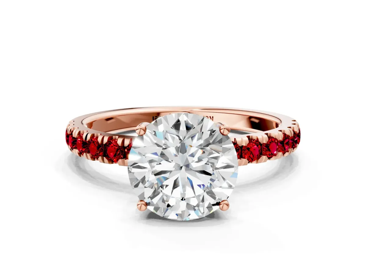 Round Cut Diamond Pave Band Solitaire Ring with Round Ruby and Prong Setting Rose gold