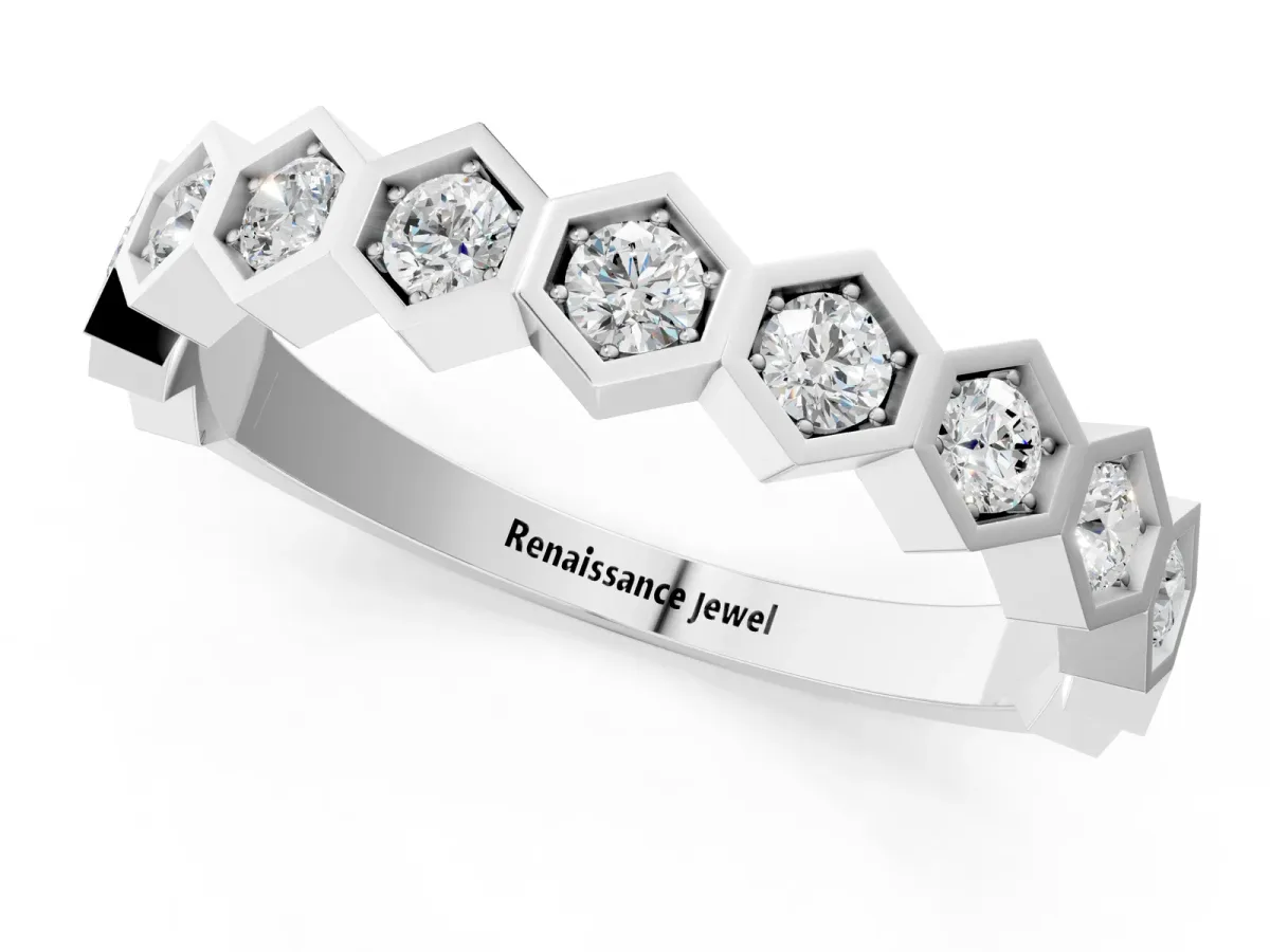 Hexagon Pave Diamond Eternity Band with Bezel Setting Silver