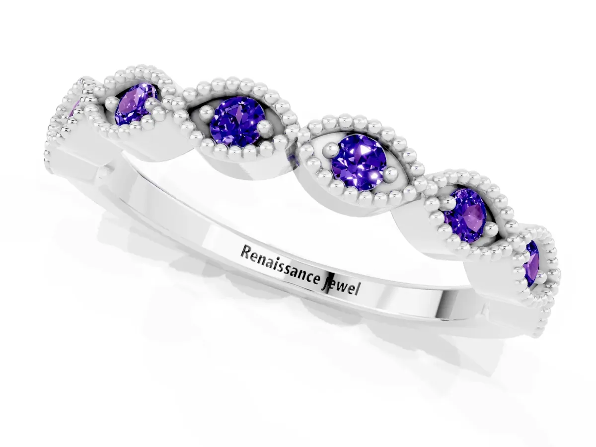 Milgrain Marquise Tanzanite Half Eternity Band with Bezel Setting Silver