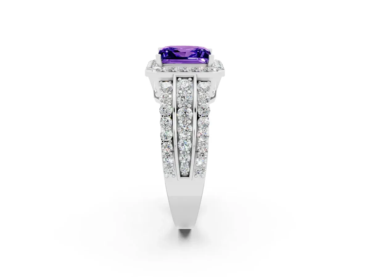 Princess Cut Halo Tanzanite Ring with Round Split Shank and Prong Setting Silver