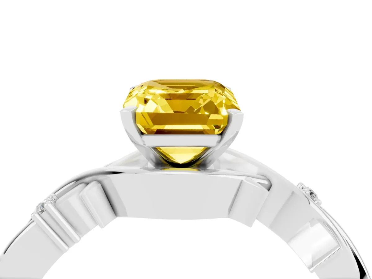 Emerald Cut Yellow Sapphire Solitaire Ring with Twisted Band and Prong Setting Silver